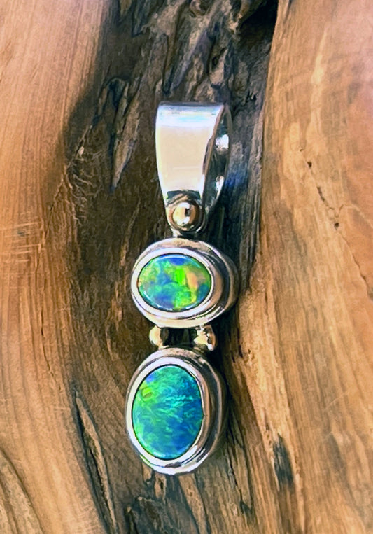 Double Stone Lightning Ridge Solid Opal Pendant – Bright Green