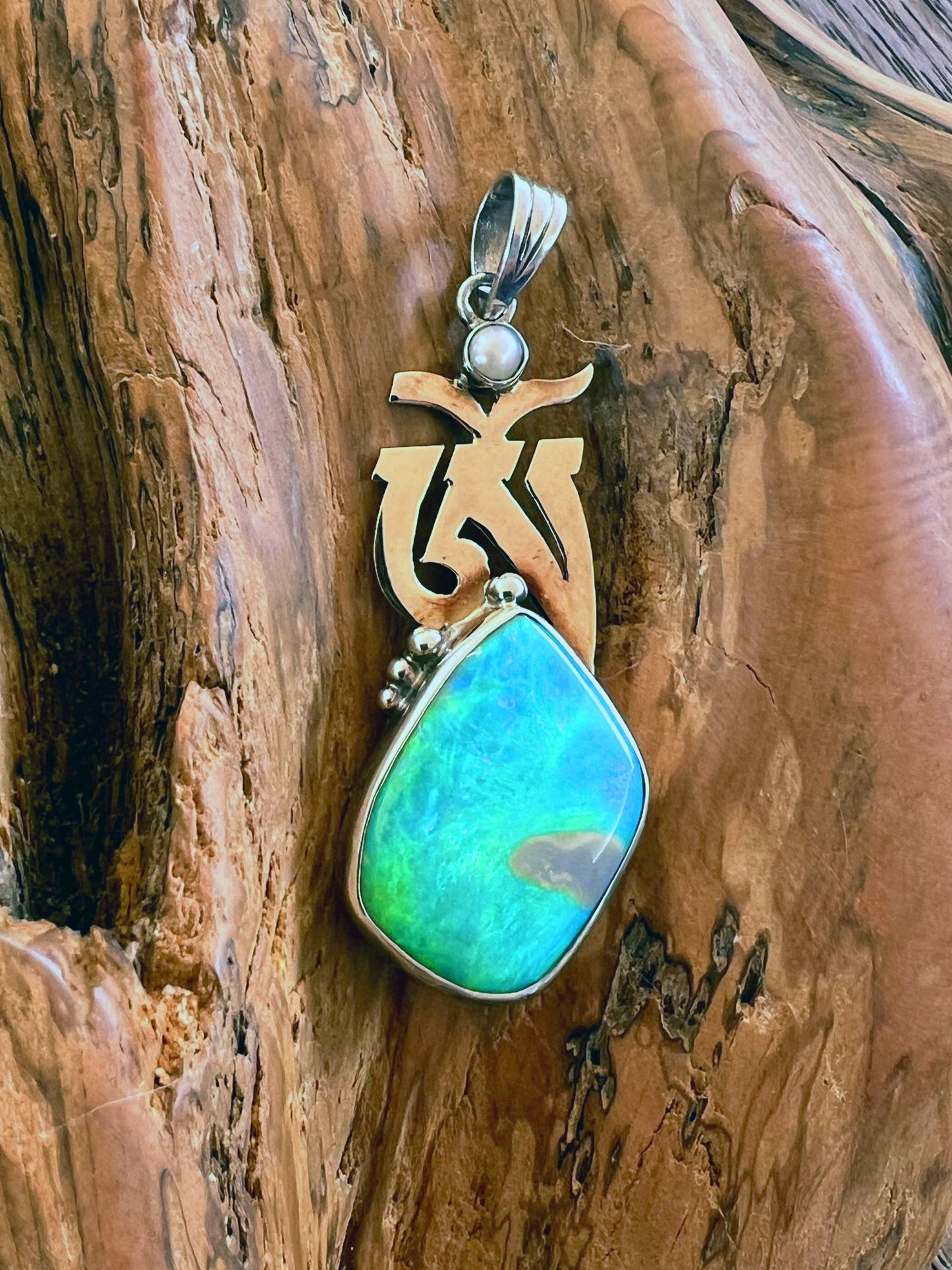 Large Lightning Ridge Opal Doublet Pendant with Pearl – Gold AUM Motif