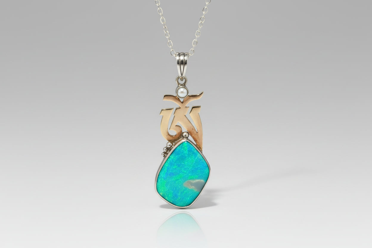 Large Lightning Ridge Opal Doublet Pendant with Pearl – Gold AUM Motif