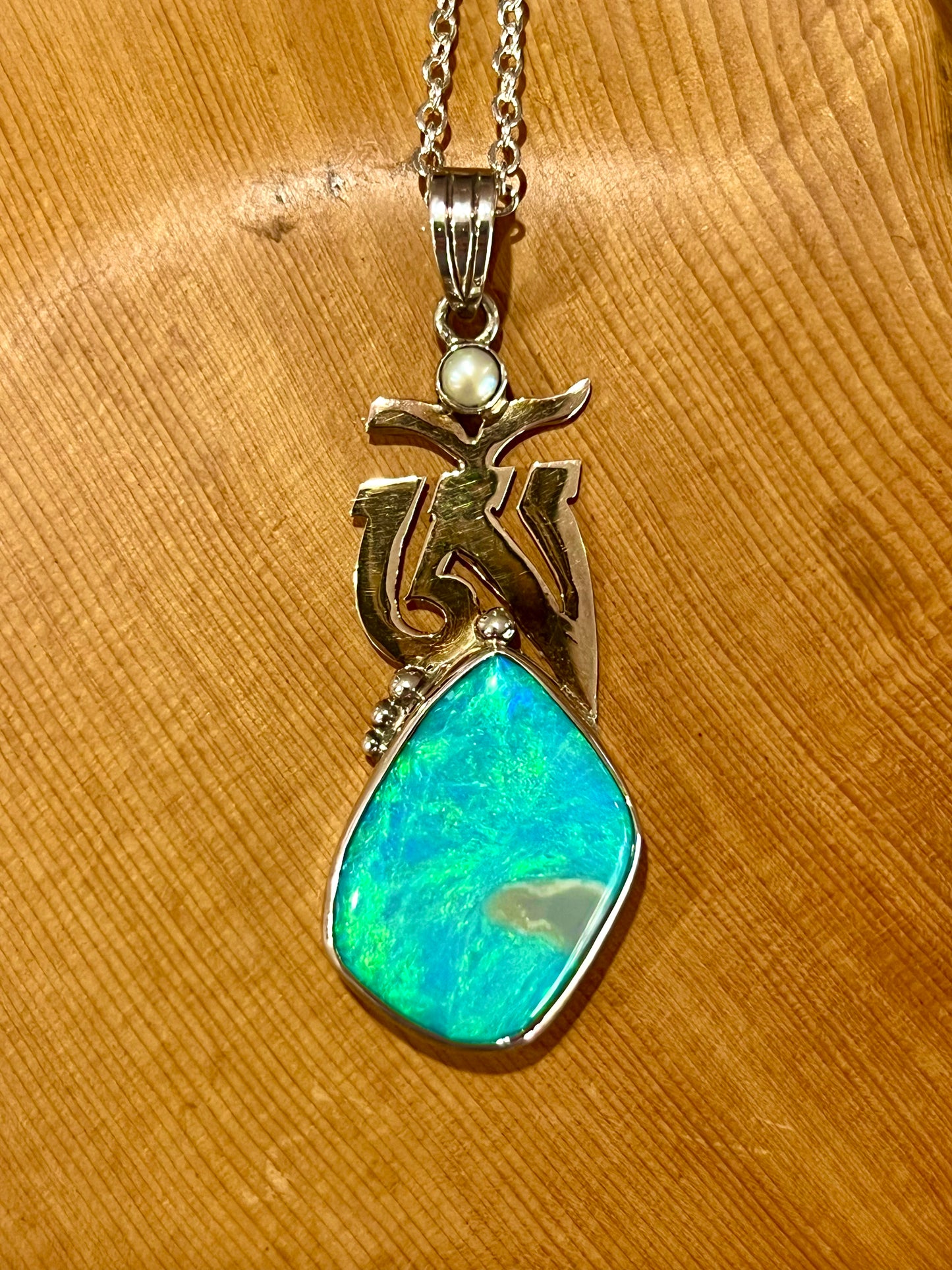 Large Lightning Ridge Opal Doublet Pendant with Pearl – Gold AUM Motif